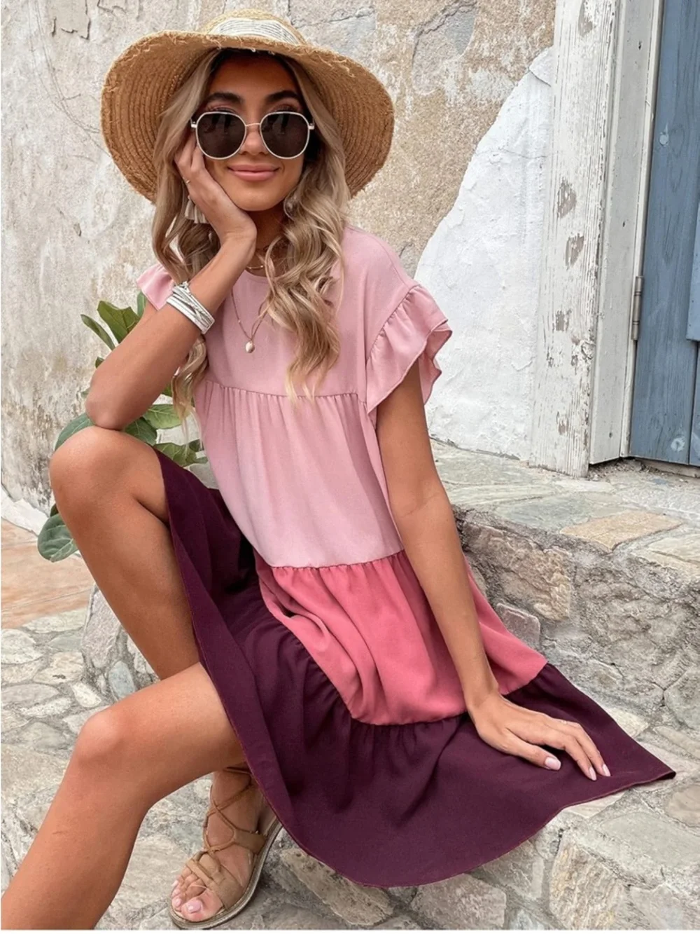 Pink Multicolor Women’s Smock Dress Ruffle Sleeve Dress Size Large - Picture 3 of 8